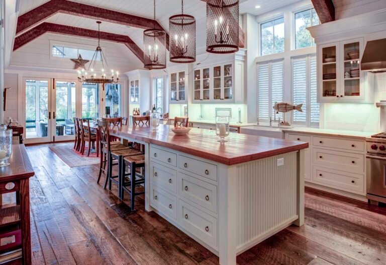 Beautiful luxury kitchen and dining room with view windows.